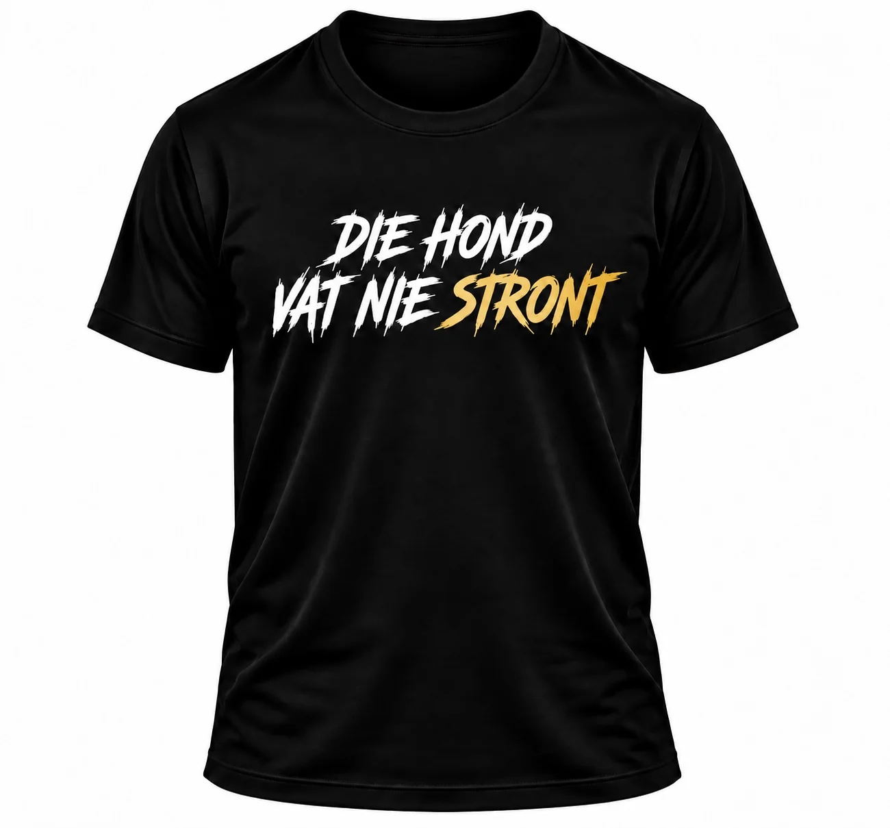 Black Die Hond T-shirt with white and gold Die Hond Vat Nie Stront print