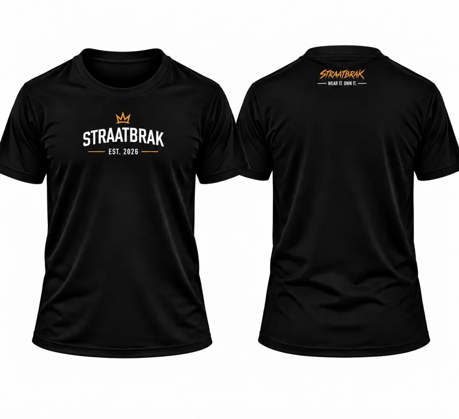 Front and back of black Straatbrak Est. 2026 T-shirt