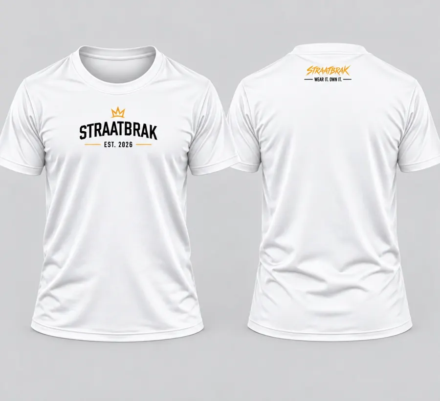 Front and back of white Straatbrak Est. 2026 T-shirt