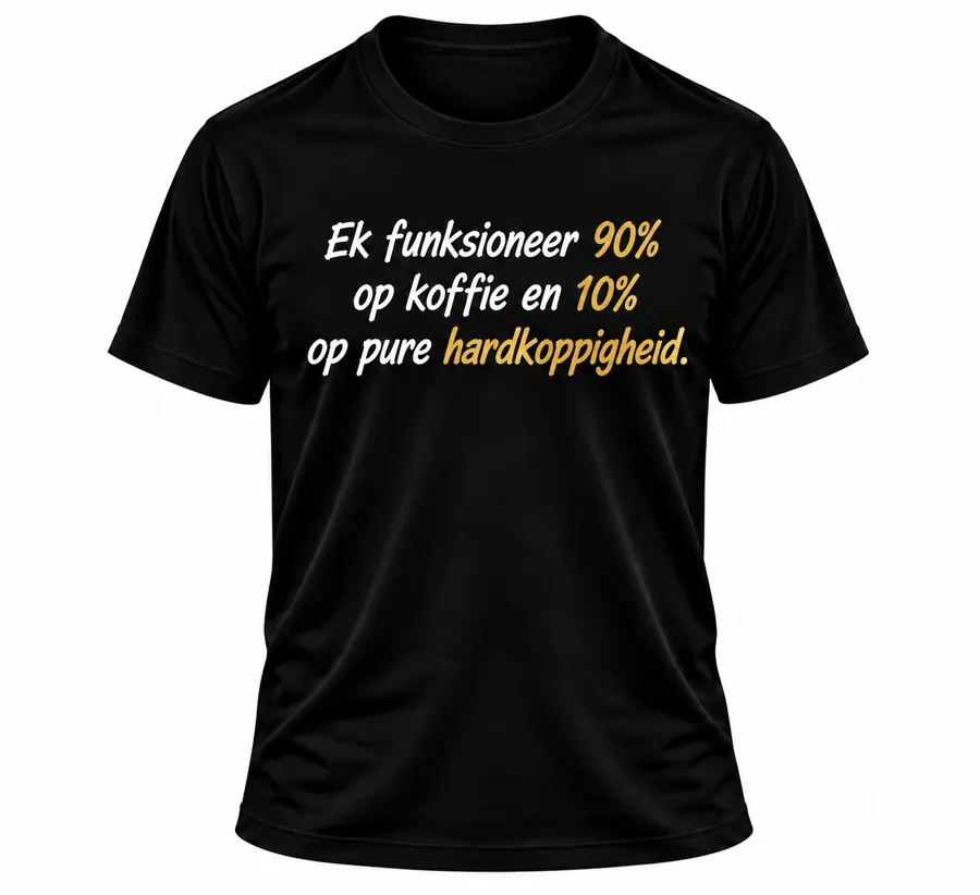 Black Hardkoppigheid T-shirt with Afrikaans coffee slogan in white and gold