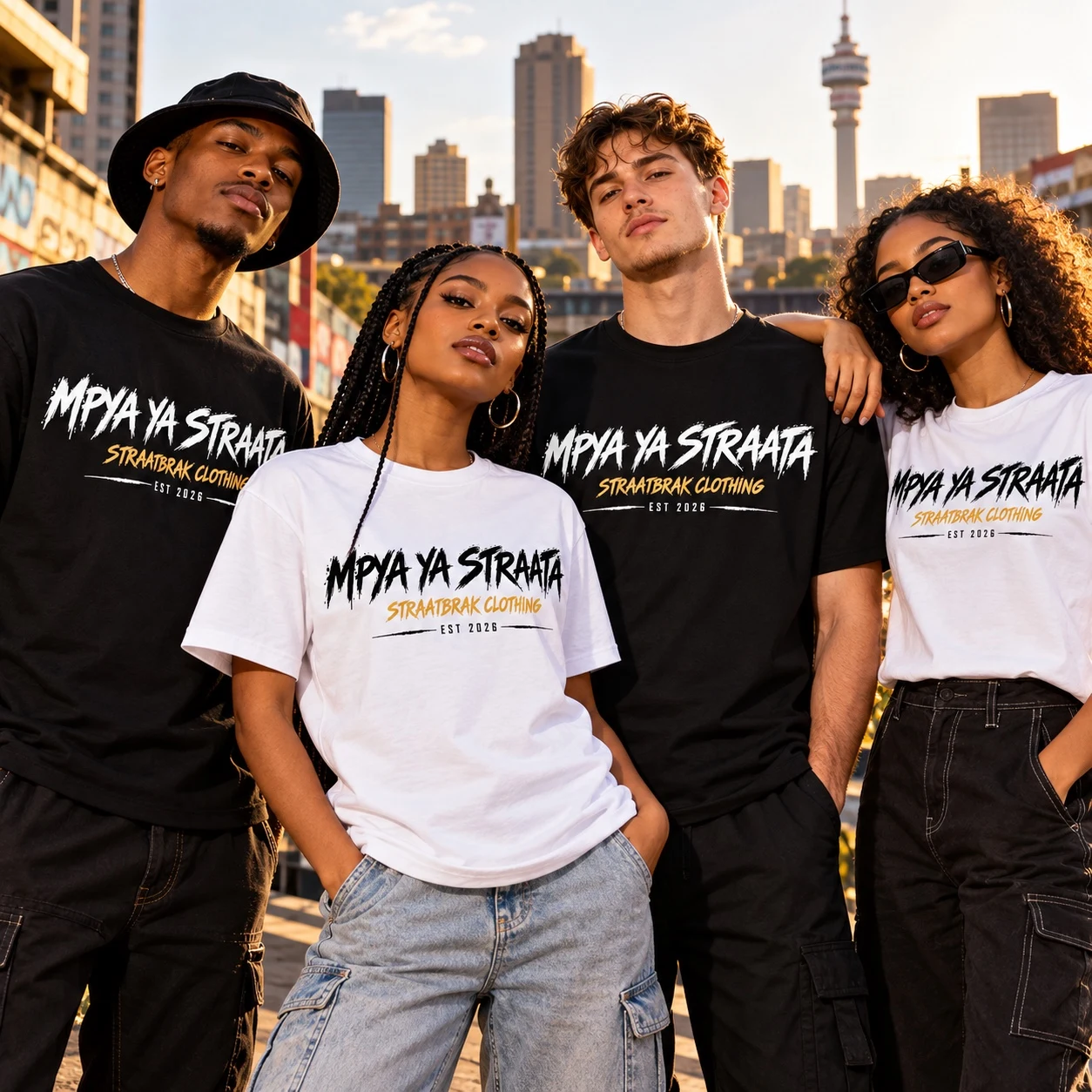 Four models wearing black and white Mpya Ya Straata T-shirts in the city
