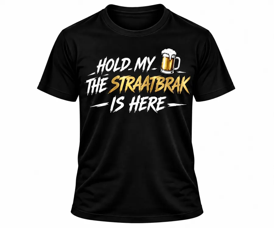 Black Hold My Beer T-shirt with white and gold lettering and beer mug