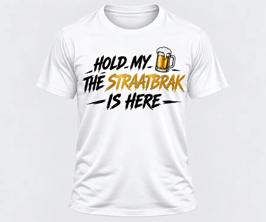 White Hold My Beer T-shirt with black and gold lettering and beer mug