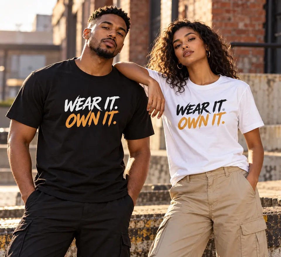 Two models wearing black and white Straatbrak Wear It. Own It. T-shirts