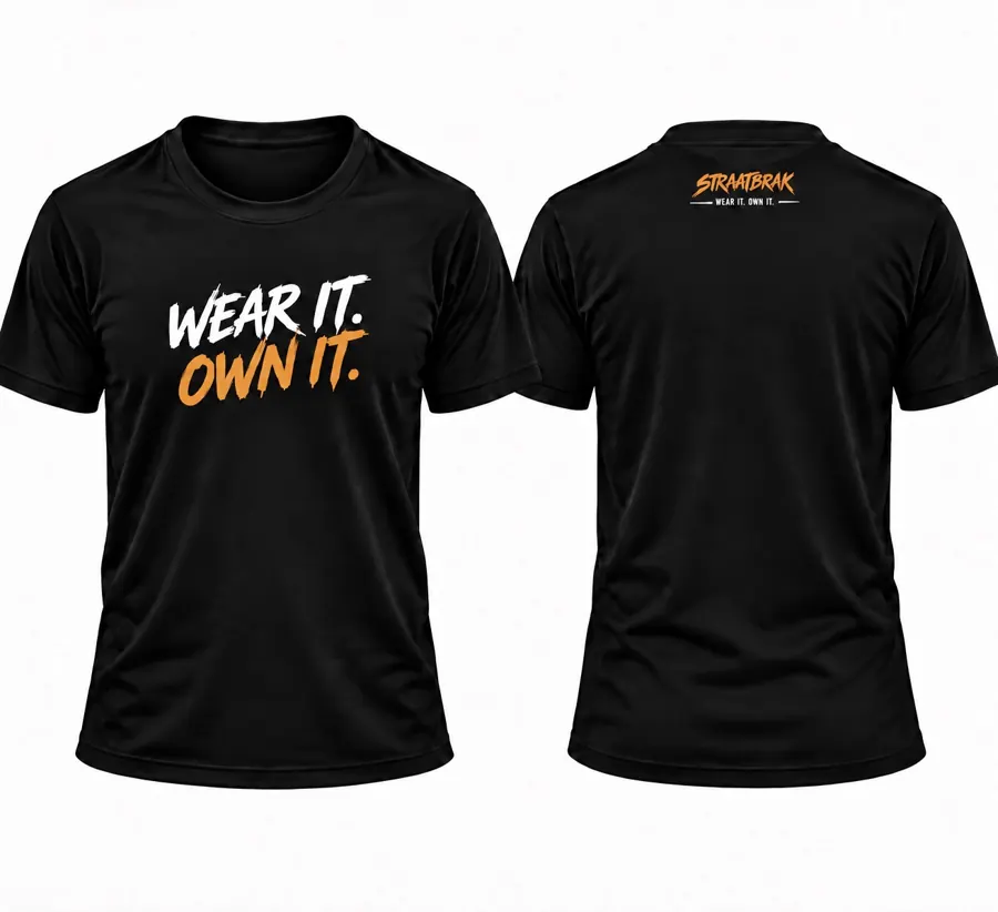 Front and back of black Wear It. Own It. Straatbrak T-shirt