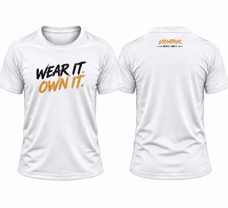 Front and back of white Wear It. Own It. Straatbrak T-shirt